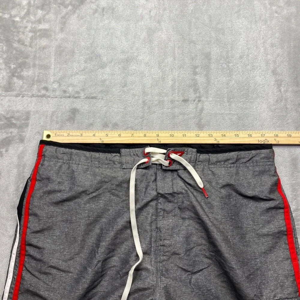 Speedo Mens Gray‎ Red White Stripe Swim Trunks Board Shorts Size L Tropical